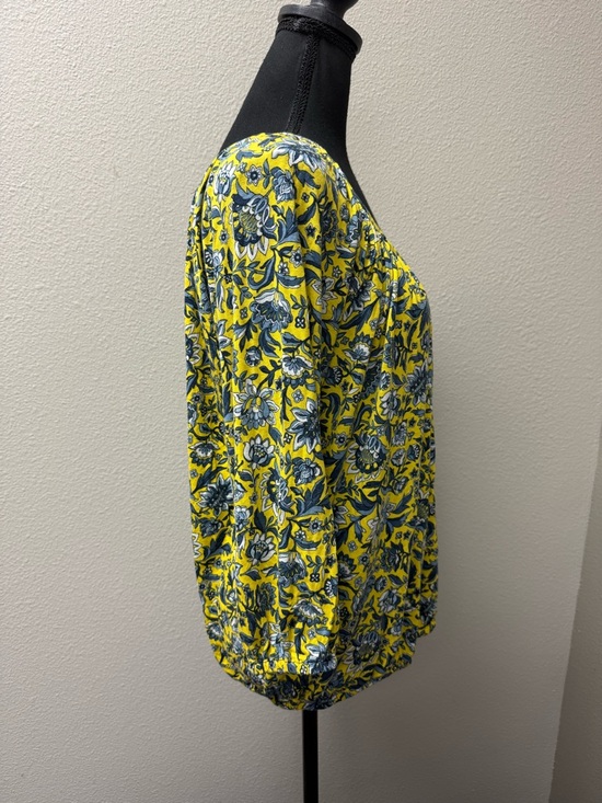 Michael Kors Yellow Blue Floral Peasant Top Large Boho Stretch Blouse - Picture 5 of 7